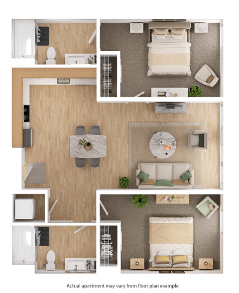 Floor plan for 2 beds, 2 baths, 906 sqft